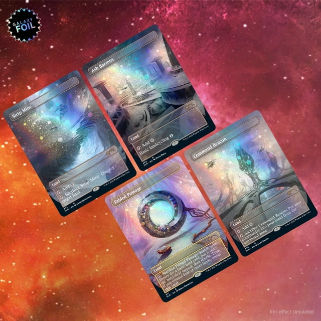 Magic: The Gathering TCG - Secret Lair Drop Series - Totally Spaced Out Galaxy - Foil, a collection of four multicolour foil cards: Ash Barrens, Command Beacon, Fabled Passage, and Strip Mine. Each card features intricate galactic-themed artwork with shimmering foil effects, set against a vibrant red and orange galaxy background. Ideal for collectors and players of Magic: The Gathering.
