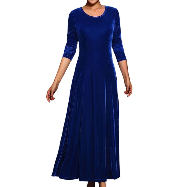 Kctiaxy Longues Robes pour Femmes Coupe Ajustée Manches Longues Robe d'Hiver en Velours Décontractée Couleur Unie Col Ras du Cou Élégante Fluide Robe Maxi