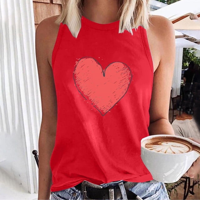 UPPADA Débardeurs pour Femmes Grande Taille Décontractés Sans Manches T-Shirts Graphiques T-Shirts Surdimensionnés Hauts Tee Cœur Hauts Sans Manches T-Shirts Graphiques Chemises Rouge,P