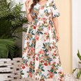 thumbnail image 1 of Robes pour Femmes Robe d'Été Imprimée Grande Taille Col en V Manches Courtes Taille Élastique Robe de Plage Robe de Soleil Robe Midi Fluide à Volants en Solde, 1 of 9