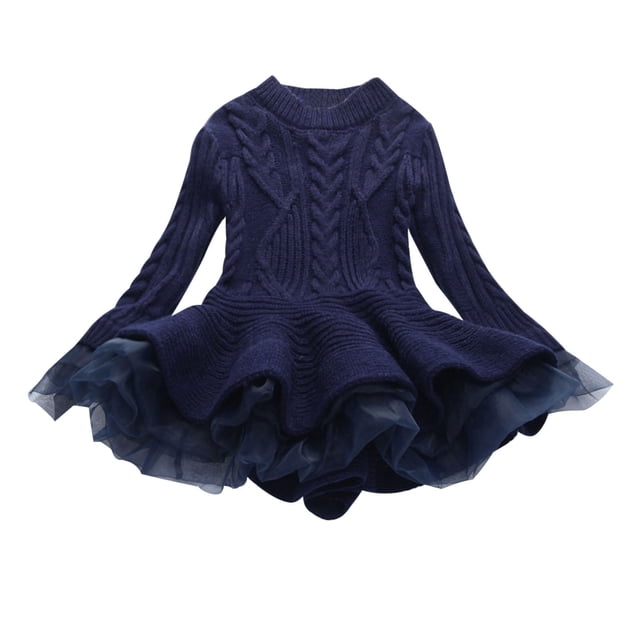 MeetoTime Girls Clothes 2-11 Years Solid Color Round Neck Long Sleeve Hem Mesh Sweater Dresses for Girl