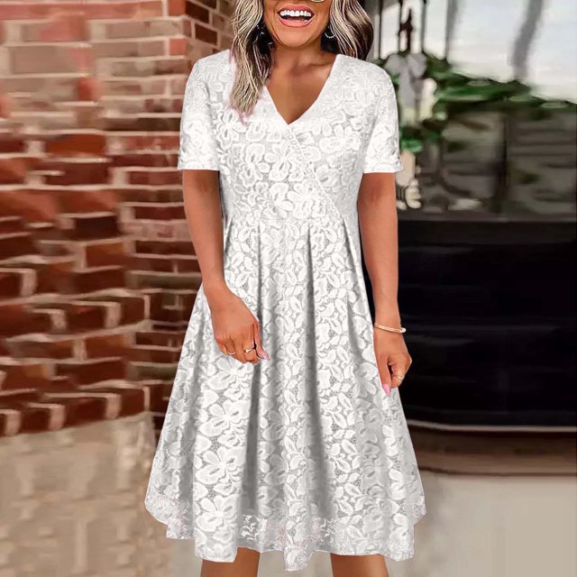 Gspmoly Robes pour Femmes, Robe à Col en V de Printemps/été pour Femmes, Mode Décontractée Unie en Dentelle à Manches Courtes, Robes de Soirée pour Femmes jusqu'à 65 % de Rabais