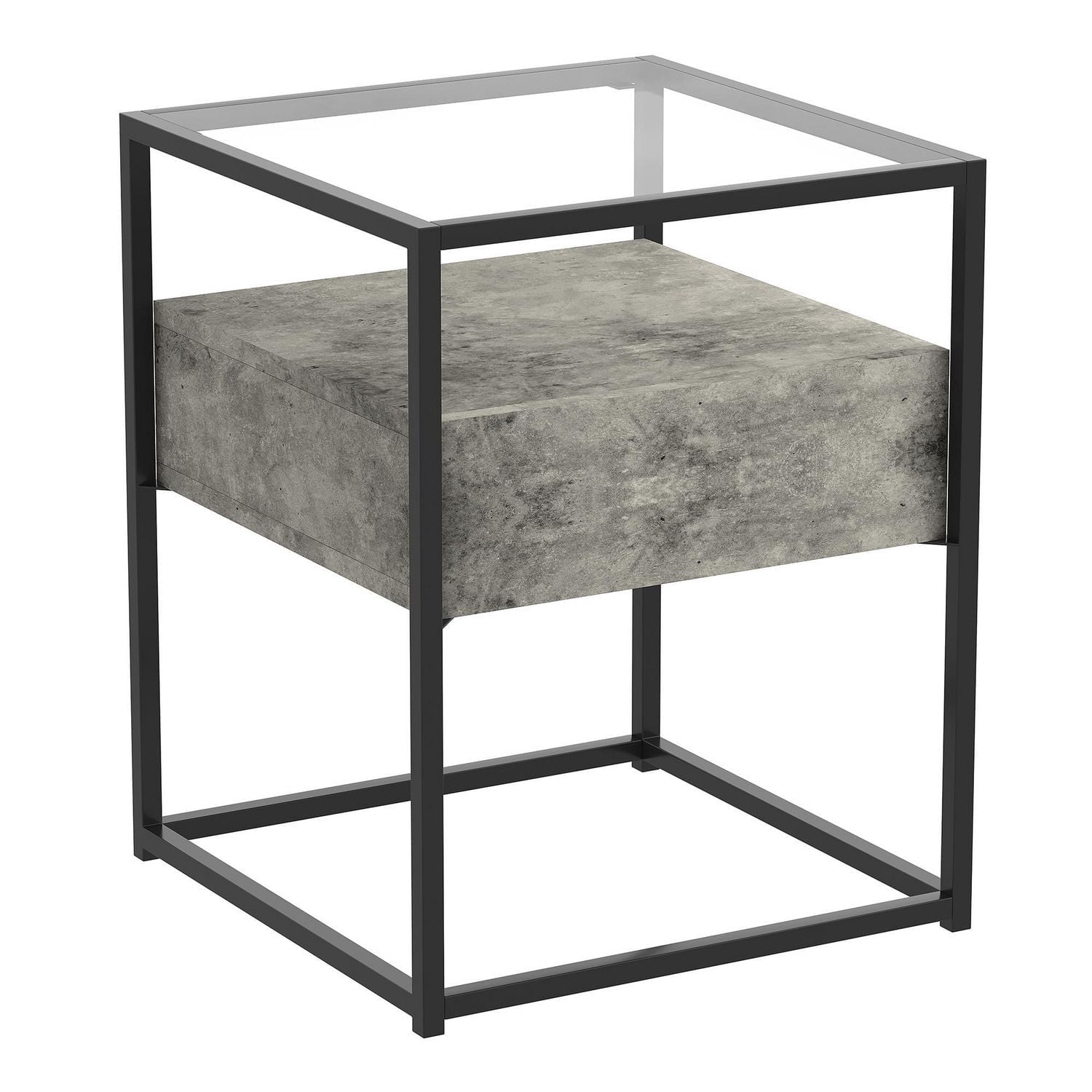 Safdie & Co. Table D'Appoint 17L Ciment Foncé 1 Tirroir Haut En Verre Métal Noir