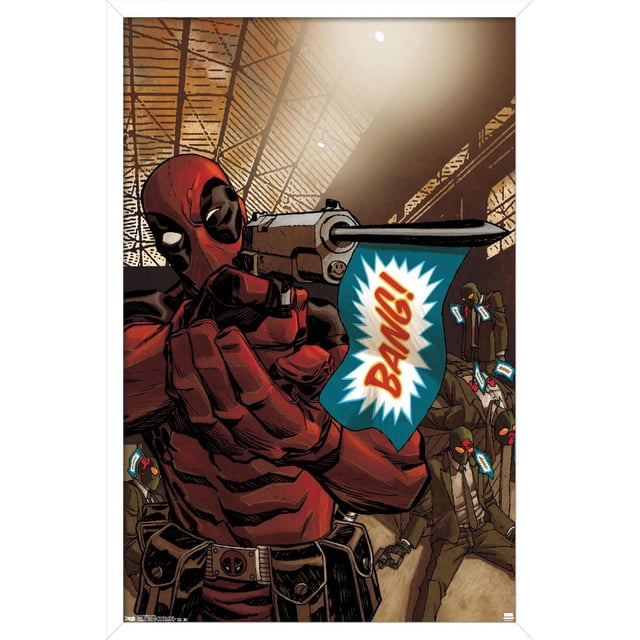 Marvel Comics - Deadpool - Bang Wall Poster, 22.375" x 34" depicting Deadpool in red and black costume aiming a silver revolver with a blue 'BANG!' flag, set in a warehouse with masked men in suits holding similar flags, suitable for comic-themed wall art.