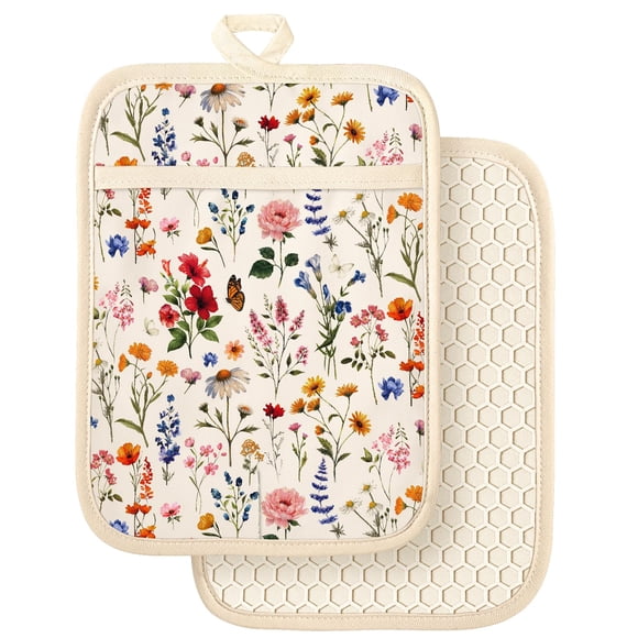 Silcone Supports de Pots de Fleurs pour Cuisine - 100 % Coton Beige Mignons Rétro Maniques de Four avec Poches, Coussins Chauds Carrés Épais Résistants à la Chaleur, Cadeaux pour Pâtisserie et Boulanger Maison Nouvelle Maison, Lot de 2