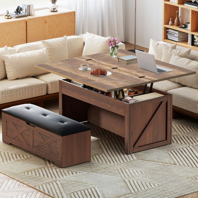 DEXTRUS 3in1 Lift Top Coffee Table with Ottoman Bench on Wheels, Farmhouse Storage Centre Table, Brown