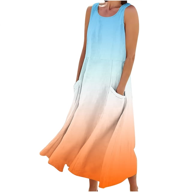 FAIWAD Robes d'Été Grande Taille pour Femmes 2024 Sans Manches Décontractées Robe Maxi Dégradé Boho Plage Robe Débardeur