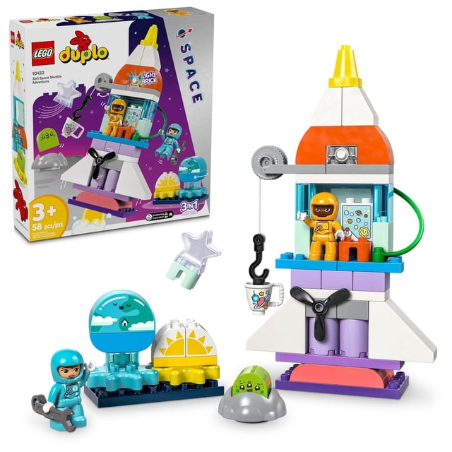 LEGO DUPLO Ensemble de Construction 3 en 1 de Navette Spatiale et Fusée d'Aventure pour Enfants d'Âge Préscolaire de 3 Ans et Plus, Comprenant une Navette Spatiale Multicolore avec une Brique Légère, Deux Figurines d'Astronaute, un Extraterrestre et des Accessoires à Thème Spatial Incluant une base de Planète et un Élément Étoile, Conçu pour Développer la Motricité fine et Encourager le Jeu de Rôle Spatial Créatif.