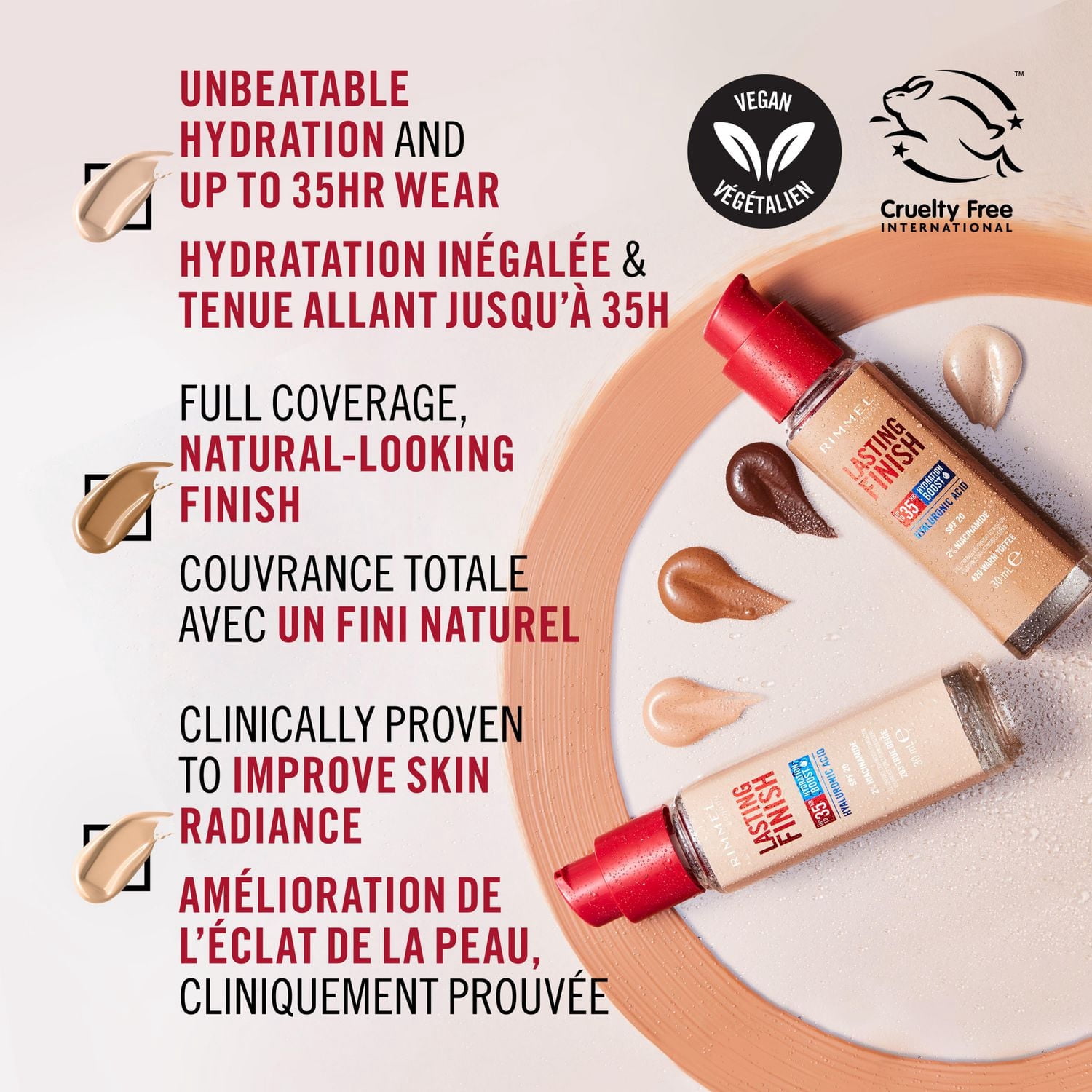 Rimmel Lasting Finish 35 Hour Fond de teint, longue tenue, hydratant, formule végétalienne, couvrance totale