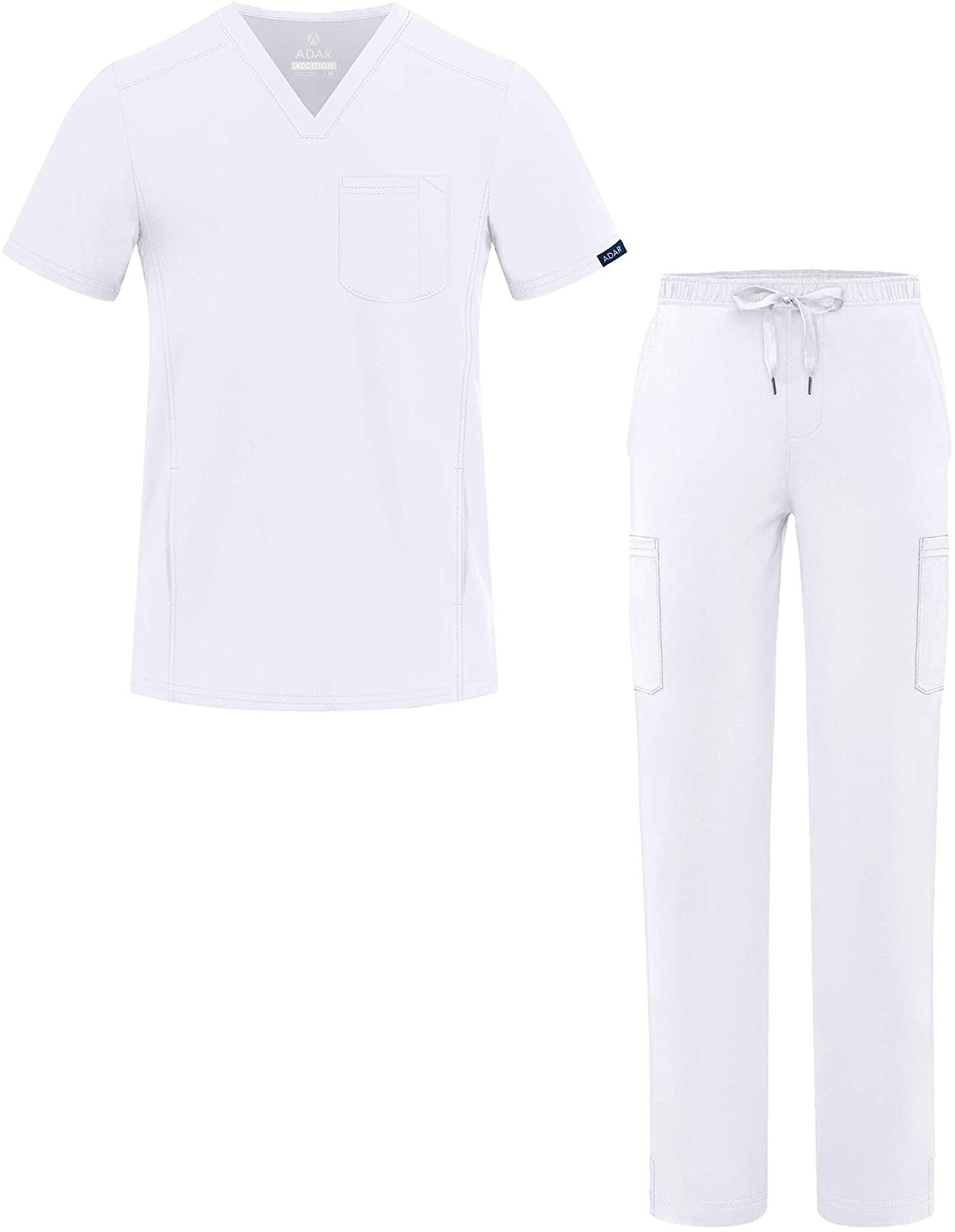 Adar Addition Go-Everyday Scrub Set for Men - Stylish Scrub Top & Cargo Scrub Pants - A9800 - White - XXS