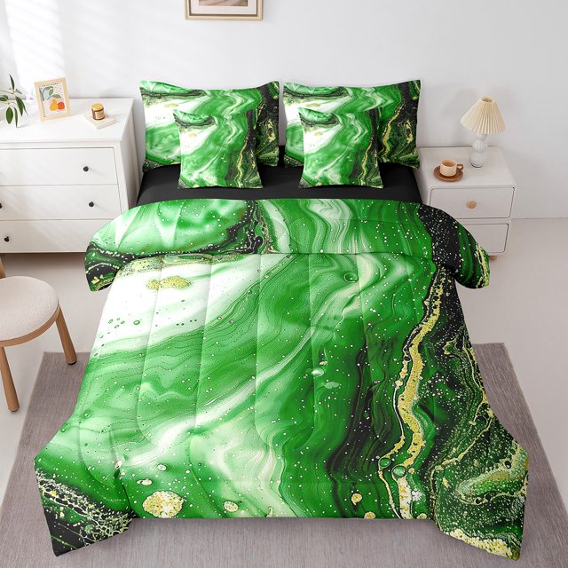 YST Abstract Artwork 7-Piece Comforter Set, Green Marbling Bedding Set, Queen