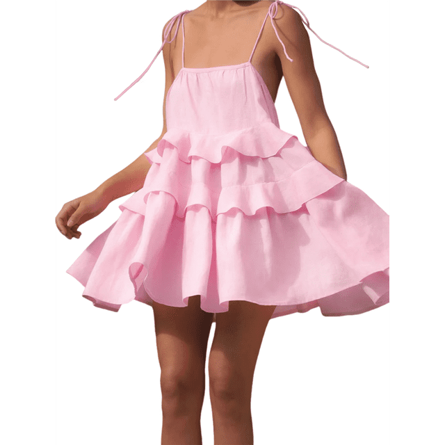Womens Summer Dress Adjustable Spaghetti Strap Sleeveless Flowy Mini Short Dresses Pink L