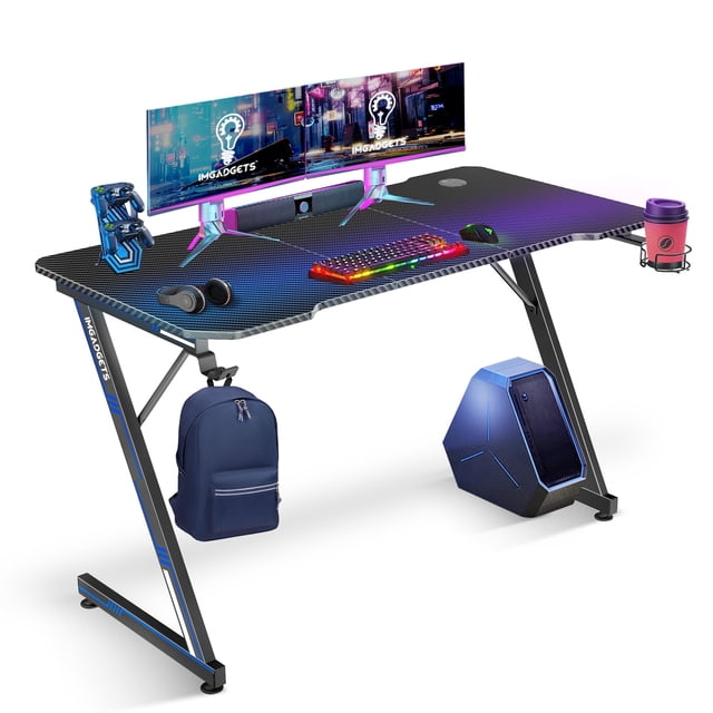 IMGadgets Z-Shaped Gaming Desk | 47"x24" Carbon Fiber Surface | 80 kg Load Capacity | Cup Holder | Headphone Hook | Cord Management | Ultimate Gaming Experience