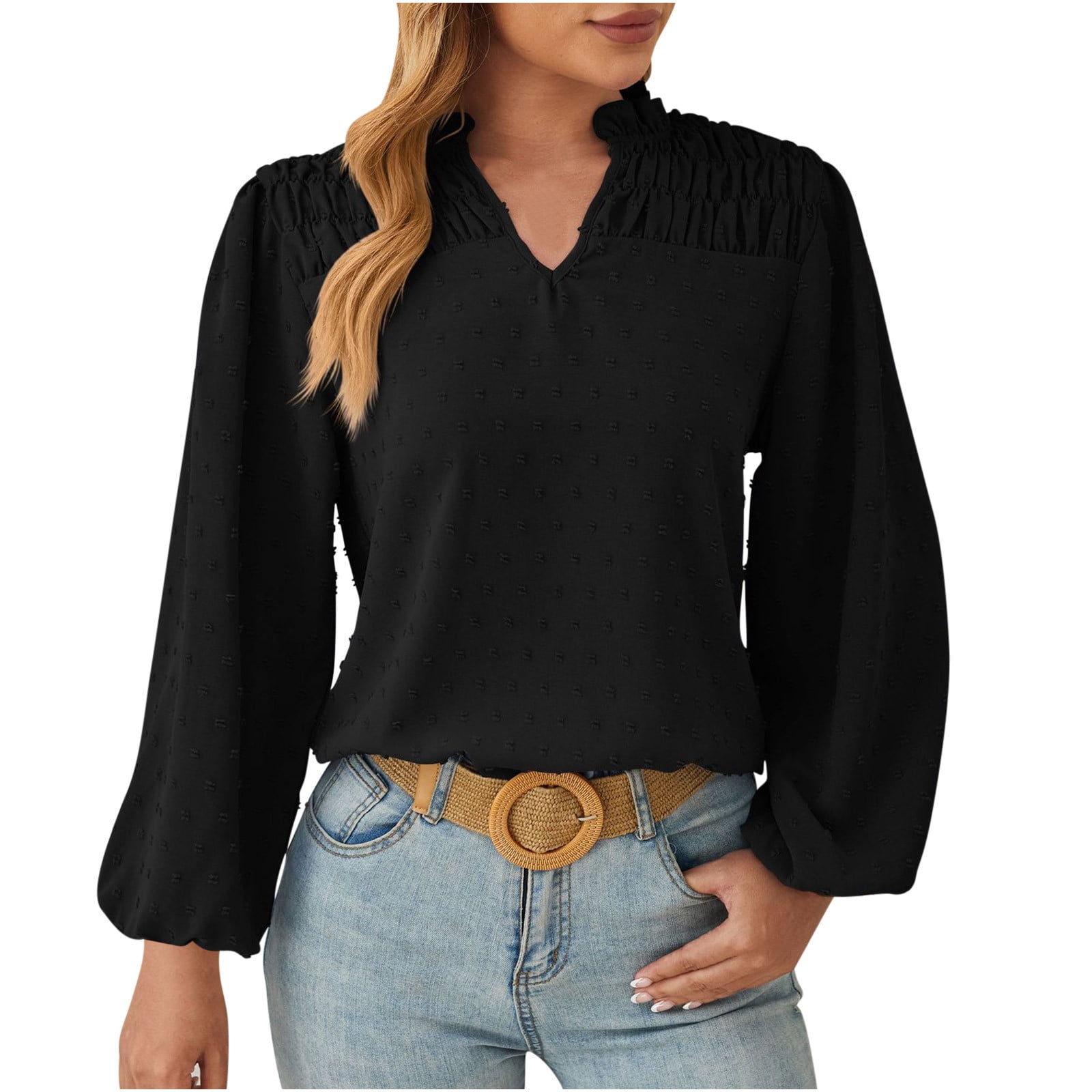 Timegard Hauts pour Femmes à Manches Longues Froncés à Col en V Fluides Légers Blouse de Bureau Chic Décontractée Ample Hauts
