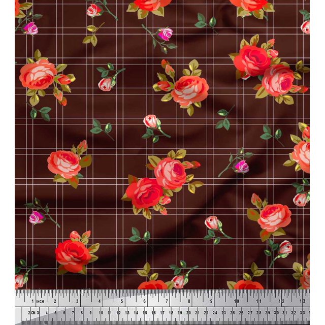 Soimoi Polyester Crepe Fabric Check,Leaves & Rose Flower Print Sewing Fabric Yard 52 Inch Wide