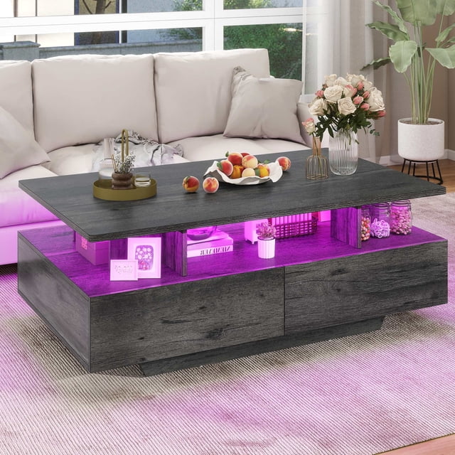 DEXTRUS LED Coffee Table with Storage, Modern Center Table with Drawers & Display Shelves for Living Room, Rustic Grey