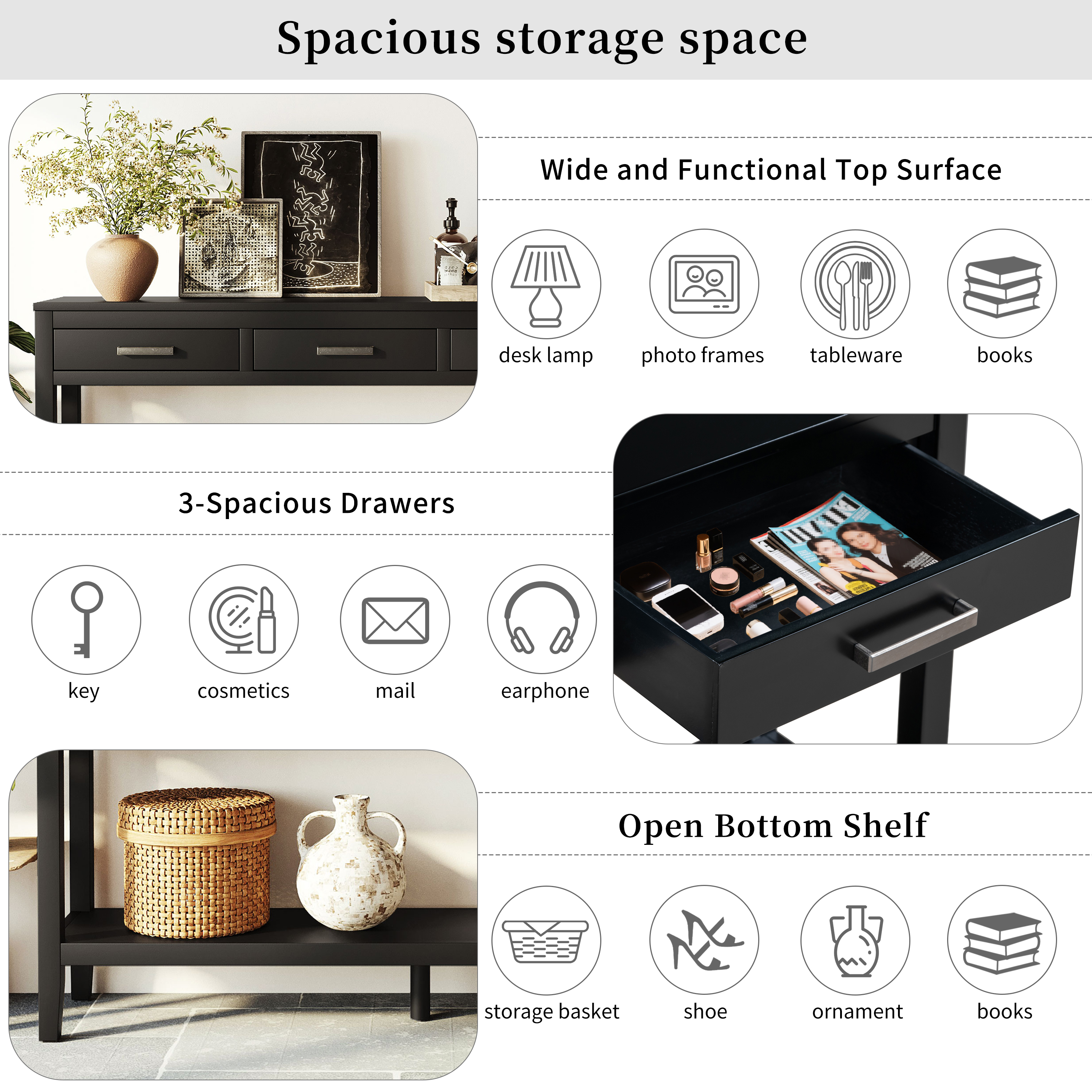 Noble House 62.2" Farmhouse Entryway Table, 3-Drawer Painted Console with Bottom Shelf & Iron Handles,Minimalist,Black