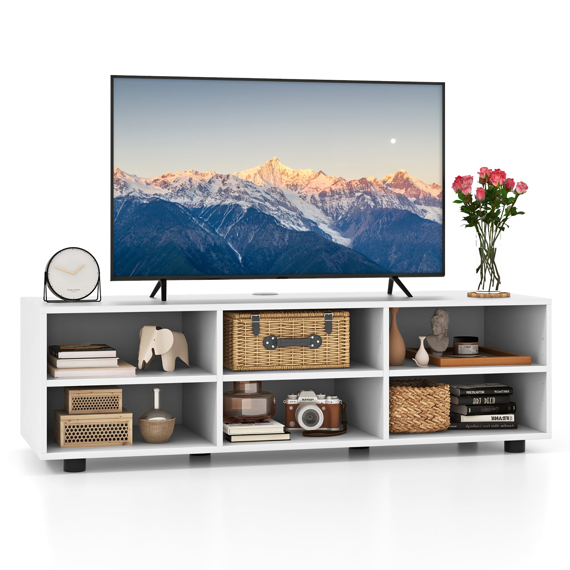Gymax Meuble TV pour téléviseur de 50 po 42 po Meuble avec 3 étagères réglables, trou pour câbles