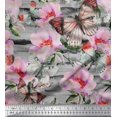 thumbnail image 1 of Soimoi Orange Rayon Fabric Stripe,Floral & Butterfly Printed Fabric 1 Yard 42 Inch Wide, 1 of 3
