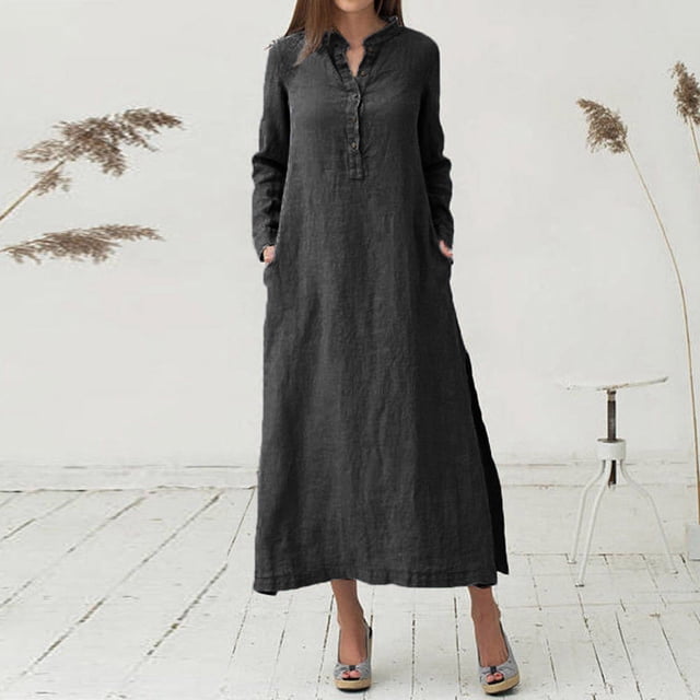 Pisexur Robe à Manches Longues à Col en V Mode Décontractée Col en V Boutonnée Robe en Coton et Lin à Manches Longues avec Poche Robe Longue Unie Robe pour Femmes