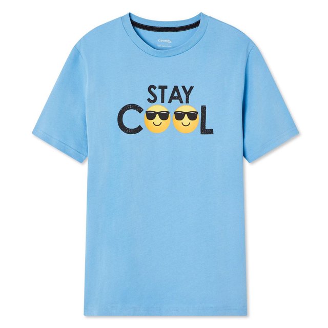 George T-shirt Graphique pour Garçons en Bleu Pâle avec Encolure Ras du Cou et Manches Courtes, Fabriqué en Tricot jersey Doux, avec une Impression Graphique à l'Avant Disant « Reste au Frais » et un emoji Souriant Portant des Lunettes de Soleil comme Lettre « O », Idéal pour un Usage Quotidien Décontracté.