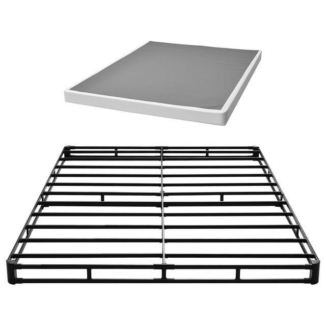 VEVOR Box Spring, Queen Size Bed Frame with washable fabric cloth and heavy-duty metal construction. The frame measures 79.1 L x 59.4 W x 4 H inches and supports up to 3500 lbs. It features a reinforced structure, anti-collision rounded corners, and a removable, machine-washable cloth cover. Suitable for various mattress types, including spring, memory foam, and latex. Ideal for home, hotels, and guesthouses.