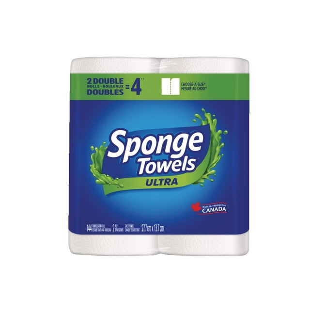Scotties Sponge Ultra Absorbent Paper Towel, 2-Ply, 2 Double Rolls in packaging. The package emphasizes 144 towels per roll, double-sided Sponge Pockets for effective cleaning, and 2 double rolls equating to 4 single rolls. Ideal for household cleaning and paper product needs, the branding features 'Sponge Towels Ultra' with a green splash design and a 'Made in Canada' label.