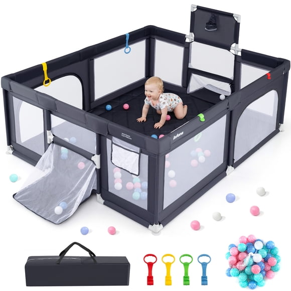INFANS Parc pour Bébé 74 Pouces x 62 Pouces avec Tapis Doux, Panier de Basketball, 2 Buts de Soccer, 4 Poignées et 50 Balles d'Océan, Maille Respirante, Grand Parc Intérieur et Extérieur pour Tout-Petits