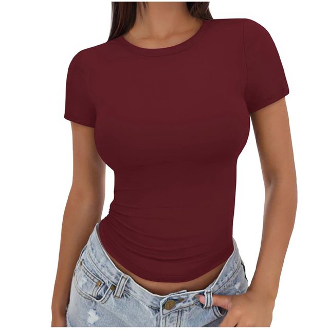 Meichang T-Shirts pour Femmes Coupe Ajustée Couche de Base T-Shirts Manches Courtes Col Rond T-Shirts Couleur Unie T-Shirts Basiques Confortables Légers Hauts d'Été