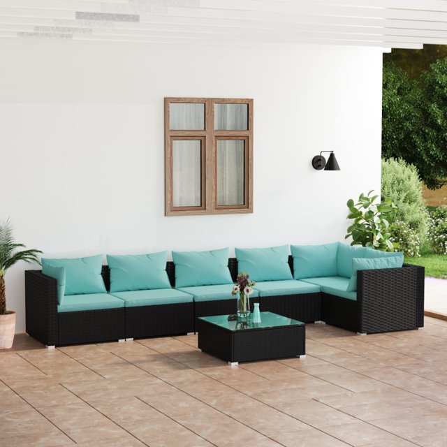 vidaXL 7 Piece Garden Lounge Set with Cushions Poly Rattan Black