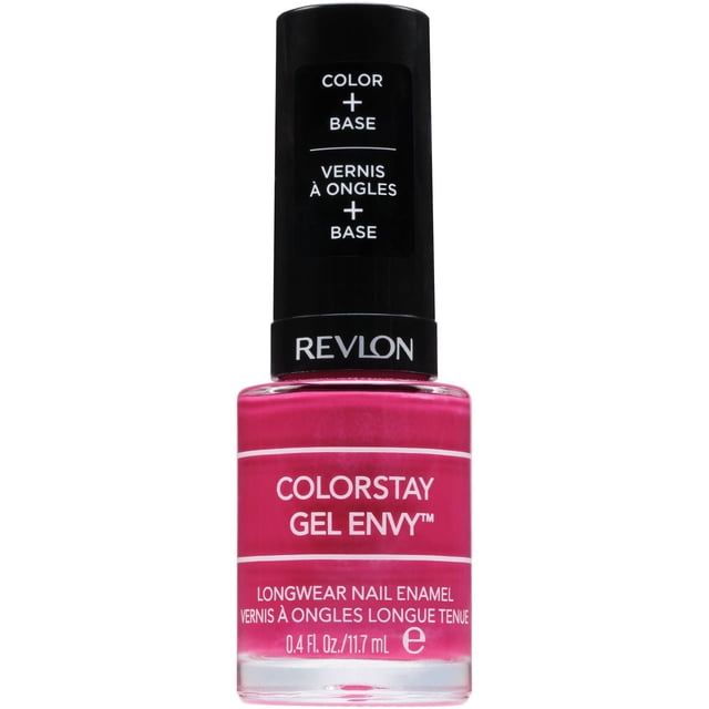 Revlon Colorstay Gel Envy™ Longwear Nail Enamel in vibrant pink with integrated color and base coat in a clear glass bottle with black cap, containing 0.4 fl. oz. (11.7 mL) of durable gel polish suitable for long-lasting, vivid nail color.
