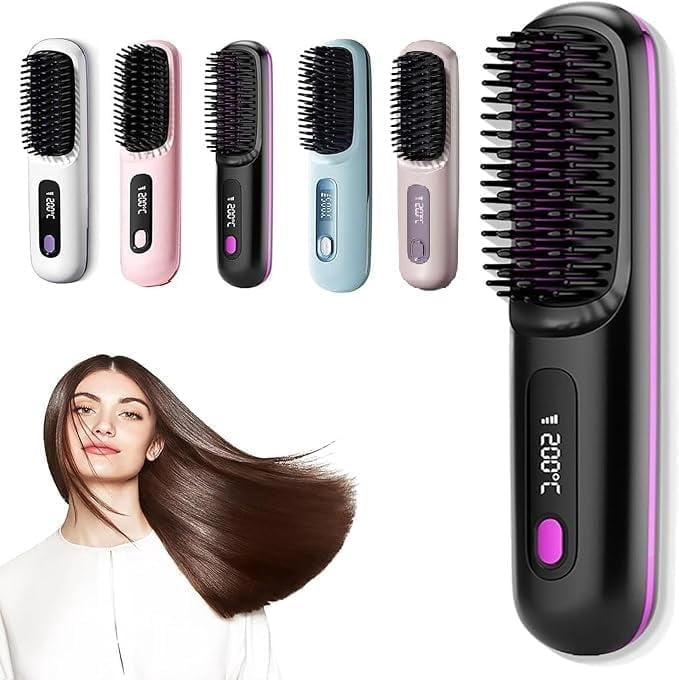 2 in 1 Cordless Hair Straightener Brush 2025 Portable Straightener Brush with LED Screen, Rechargeable Hair Heated Brushes for All Hair Type (Black)