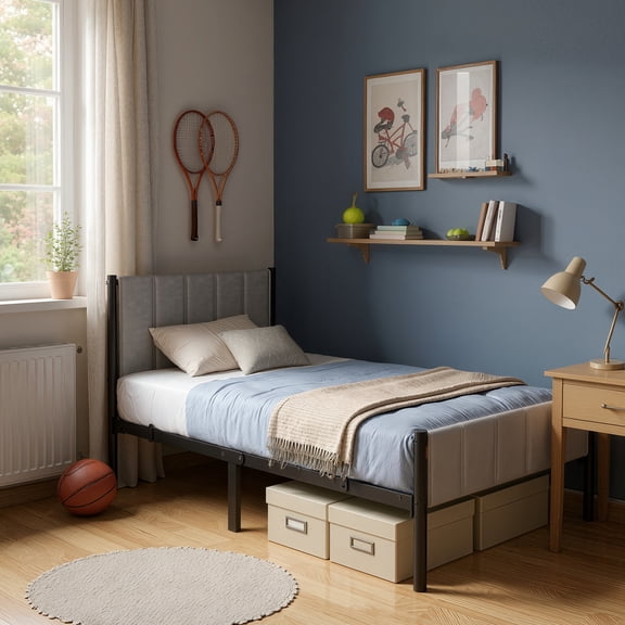VASAGLE Cadre de Lit Simple avec Tête de Lit Rembourrée, Cadre de Lit en Métal Format Simple avec Pied de Lit, Capacité de Poids de 550 lb, Lattes en Acier, Assemblage Facile, Aucun Sommier Requis, Dove Gris URMB983G01V1