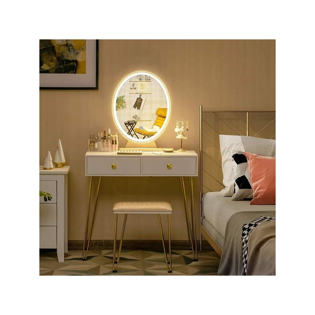 Ourlova Table With Mirror Lamp.Dressing Table With 4 Drawers.3 Lighting Modes.Dressing Table With Upholstered Stool And Table. Round Mirror Dressing Table For Bedroom White