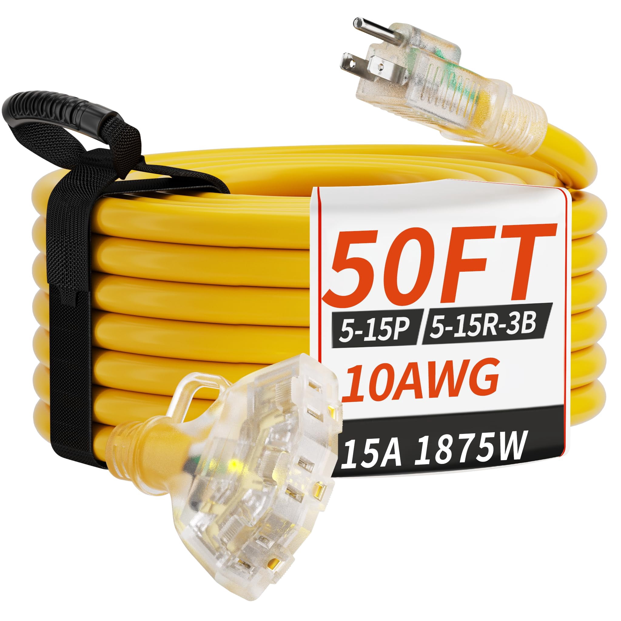 PlugSaf 50 FT 10 Gauge Outdoor Extension Cord with Multiple Outlets Light Indicator, Flexible 3 Outlet Weatherproof Heavy Duty Extension Cord Waterpr