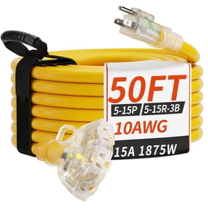 PlugSaf 50 FT 10 Gauge Outdoor Extension Cord with Multiple Outlets Light Indicator, Flexible 3 Outlet Weatherproof Heavy Duty Extension Cord Waterpr