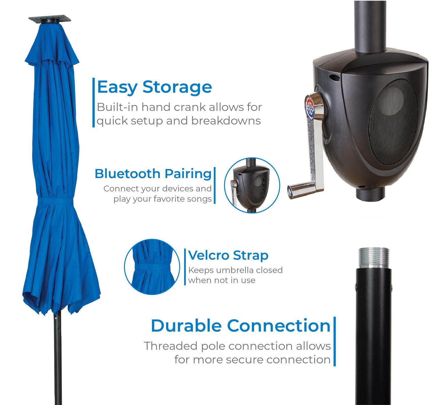 Parapluie solaire rond de 9 pi avec haut-parleur Bluetooth intégré Sun-Ray - Bleu royal