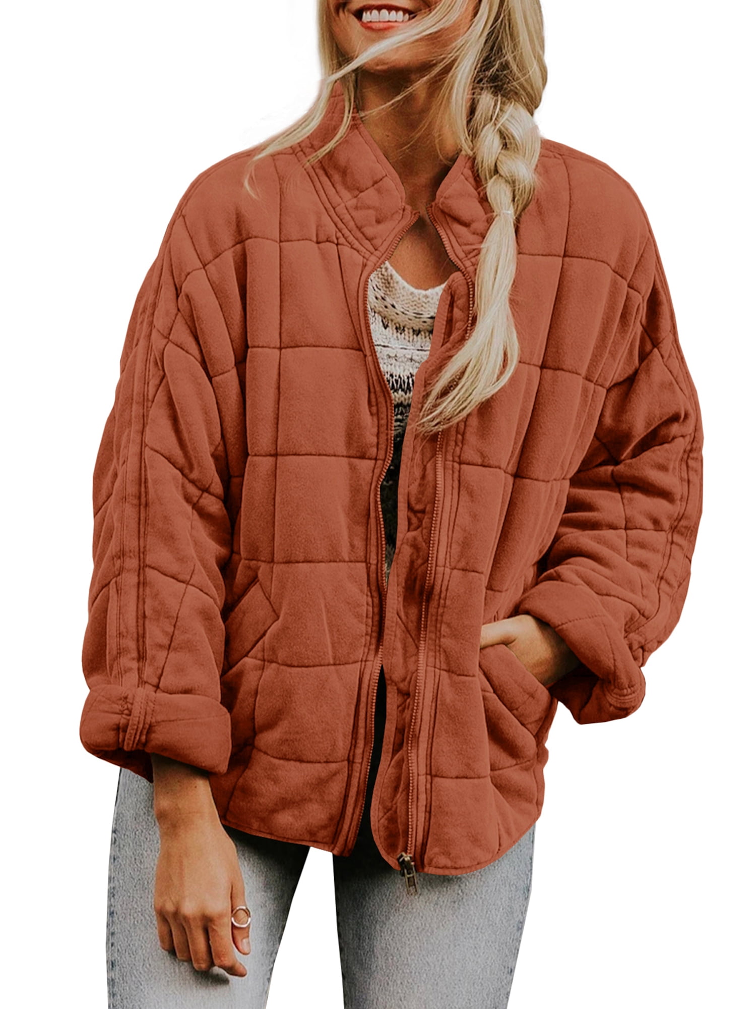 Kmbangi Women Stand Collar Long Sleeve Solid Color Full Zip Quilted Jackets