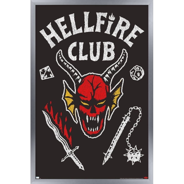 Netflix Stranger Things : Saison 4 - Affiche Murale Hellfire Club, 14,725 Po x 22,375 Po Encadrée, Représentant un Crâne de Démon Rouge avec des Yeux et des Palmes Jaunes, des Cornes Blanches, une Épée Flamboyante, une Masse à Picots avec Chaîne et un Matrice à 20 Côtés sur Fond Noir, Convient à la Déco de Chambre de fan Ou aux Fêtes à Thème.