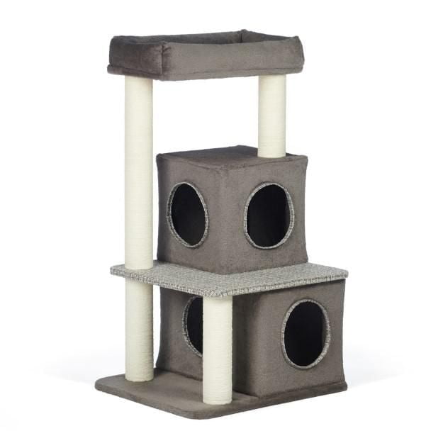 Prevue Pet Mod Lounge Cat Tree avec Refuge en Tissu Peluche Gris et accents à Carreaux, Comprenant Deux Grands Refuges Cubiques avec des Entrées Circulaires de 7 Pouces, Quatre Poteaux à Griffer Enveloppés de Jute, un Lit de Jour Surélevé Doux et une Plateforme Sautante, Mesurant 21 par 19 par 37,5 Pouces. Convient aux Chats pour Jouer, Se Cache et Se Détendre.