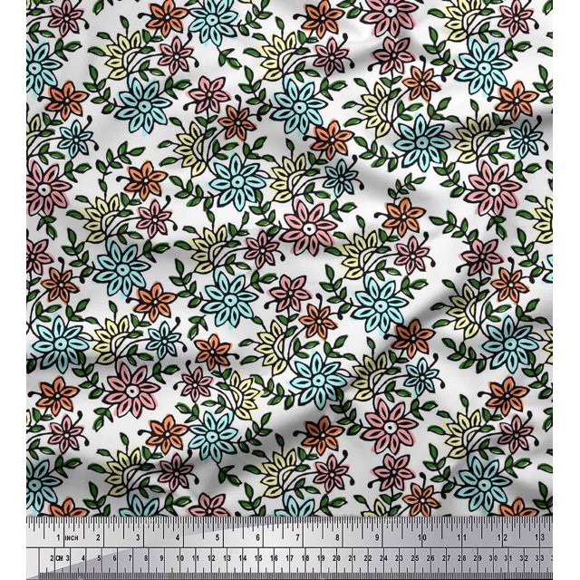 Soimoi Polyester Crepe Fabric Leaves & Floral Block Print Fabric by The Yard 52 Inch Wide