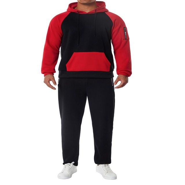 Men‘s Fitness Sports Pants Set Contrast Color Patchwork Drawstring Hooded Large Pocket Sweater + High Stretch Pants