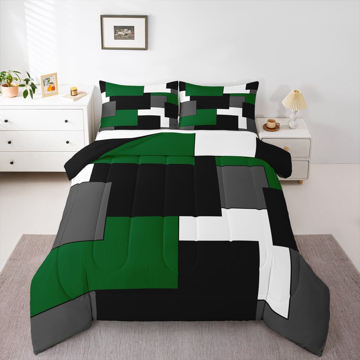 Erosebridal Ensemble de Literie Géométrique Vert pour Lit Double, Ensembles de Literie Chics Rectangulaires pour Lit Double avec Couette, Couette Réversible Moderne et Tendance, Décoration de Chambre Respirante, 3 Pcs
