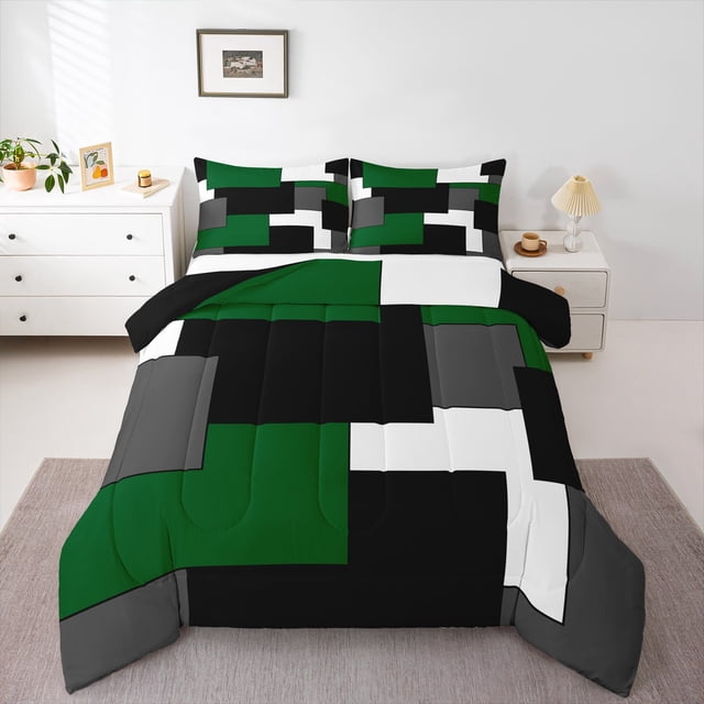 Erosebridal Green Geometric Bedding Full Comforter Set, Chic Rectangle Bedding Sets Full with Comforter, Modern Fashion Reversible Down Comforter, Breathable Room Decoration, 3pcs