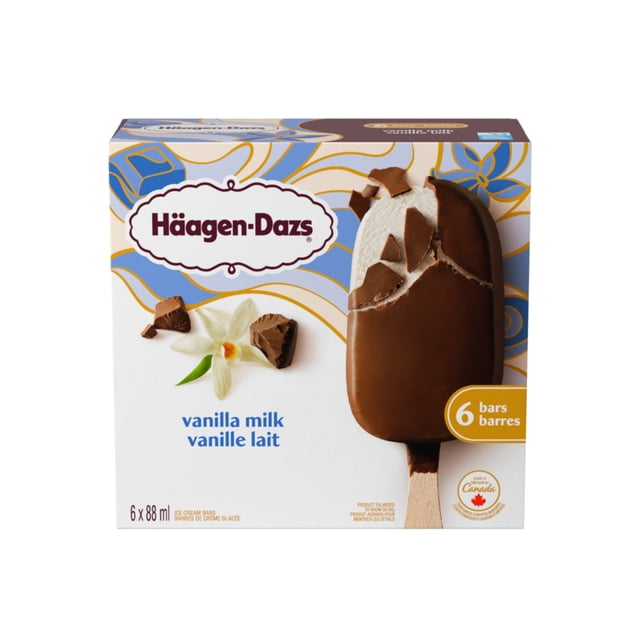Vanilla Milk Ice Cream Bars by Häagen-Dazs, a 6-count box of 88 mL bars featuring vanilla ice cream dipped in rich chocolate coating with broken pieces visible, crafted in Canada with 100% Canadian dairy and no artificial colours or flavours, ideal for a refreshing frozen treat.