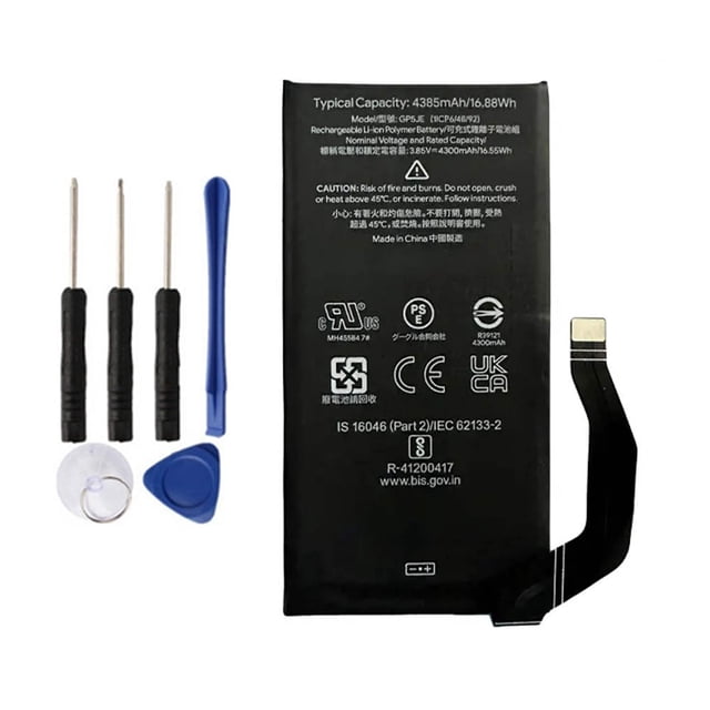 Replacement Battery with Tools Set for Google Pixel 7A, GP5JE, featuring a 4385 mAh lithium-ion battery with 3.8V voltage. The package includes the battery and a set of seven tools, such as screwdrivers and pry tools, for easy installation. Designed specifically for the Google Pixel 7A, this replacement part ensures reliable performance and longevity.