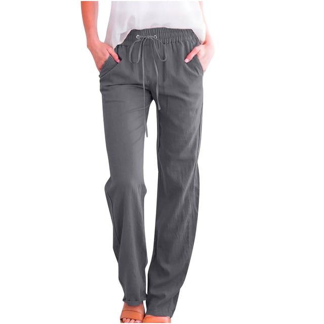 Womens Cotton Linen Pants Solid Color Drawstring Elastic High Waisted Casual Pants Loose Fit Comfy Trousers with Pockets