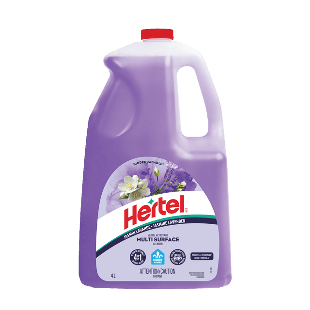 Hertel Multi-surface cleaning disinfectant dilutable, Jasmin lavender, 4L jug with purple liquid and red cap, biodegradable cleaner for disinfecting and general cleaning of hard non-porous surfaces, featuring jasmine and lavender floral label design.