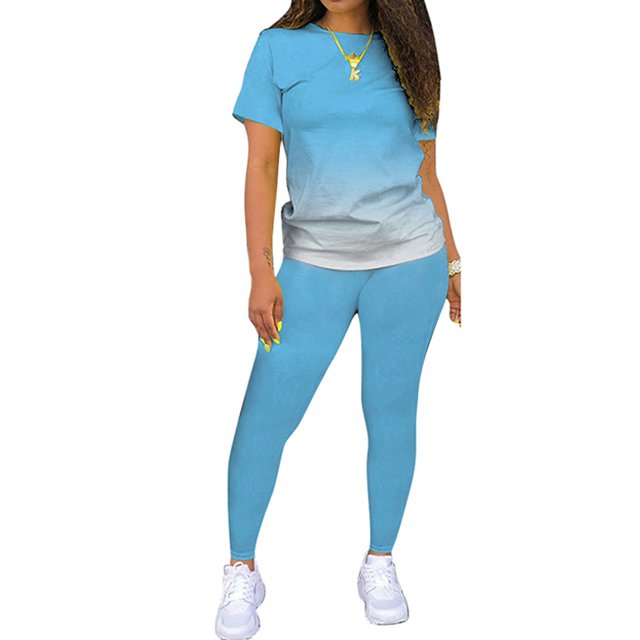MAWCLOS Women Jogger Set Short Sleeve Sweatsuits Gradient Two Piece Outfit Boho Running Crew Neck Lounge Sets Sky Blue 3XL