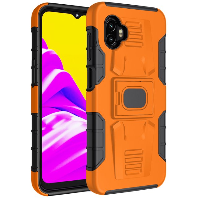 Case for Galaxy XCover 6 Pro, Nakedcellphone Rugged Ring Grip Cover with Stand in bright orange. Designed for Samsung Galaxy XCover6 Pro (2022, SM-G736), this case features a durable TPU and polycarbonate construction with a textured finish for enhanced grip. Includes a built-in kickstand for horizontal viewing, a ring grip for secure handling, and a rear metal plate compatible with magnetic car mounts. Provides shock and impact protection with access to all ports.